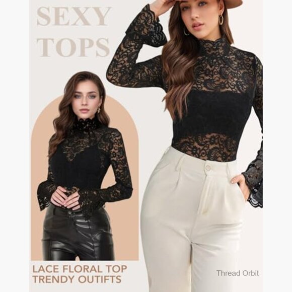 Long Sleeve Lace Mesh Top High Neck Sheer Blouse Floral Going Out - Picture 4 of 7